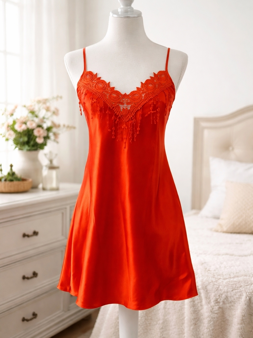 Lace-Trim Satin Chemise Slip Nightdress - Red-Orange / SIZE M